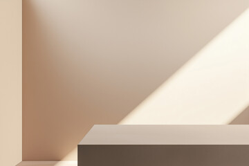 Fototapeta premium A brown background with studio wall shadows on a podium for product display. An empty kitchen interior with light on the 3D beige floor, and a blurred sunlight gradient on a cream-colored backdrop.