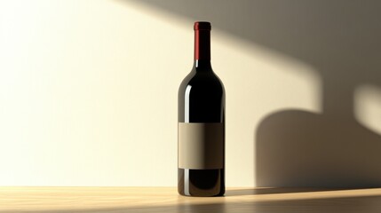 Fototapeta premium A bottle of Merlot wine, standing proudly on a light wood surface with a subtle shadow, isolated on a clean white background.