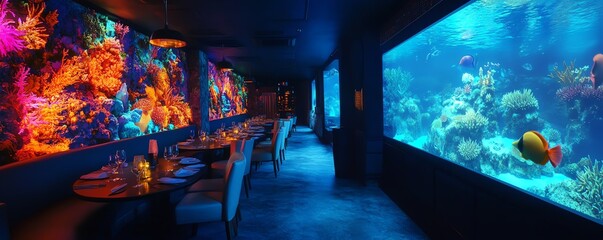 Underwater restaurant with vibrant coral wall art and large aquarium. Luxurious dining experience with ocean views.