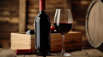A bottle of premium red wine, elegantly placed next to a half-filled wine glass, with a wooden wine box in the background.