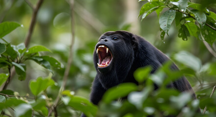 Fototapeta premium Majestic Mantled Howler Monkey Roaring Loudly Amidst Lush Tropical Foliage