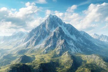 Fototapeta premium Majestic mountain peak surrounded by lush greenery under a blue sky with scattered clouds