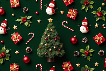 christmas pattern with presents and ornaments on a green background