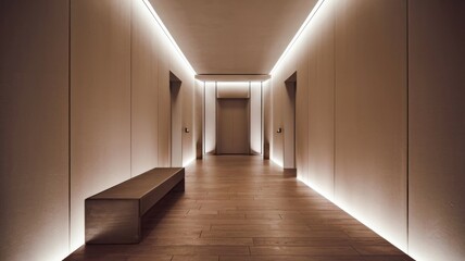 Warmly lit corridor with minimalist design, featuring wooden floor, bench, and doorways. Ceiling lighting enhances the serene ambiance.