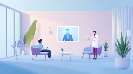 An AI powered virtual health consultation service, patients interacting with AI-driven doctors through holographic displays for medical advice, Health tech style