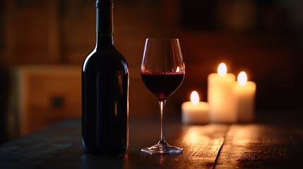 A bottle of wine and a wine glass with a drop of red wine clinging to the rim, set on a dark wooden table with elegant candlelight.