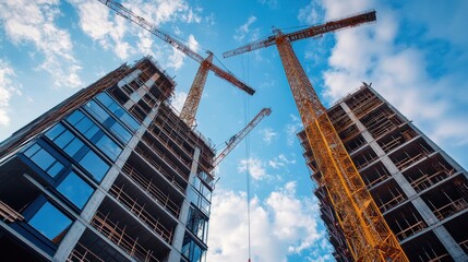 Construction cranes work above buildings under a bright blue sky