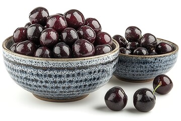 Obraz premium Fresh Cherries in Varied Bowls on a White Background Ideal for Culinary and Health Themes
