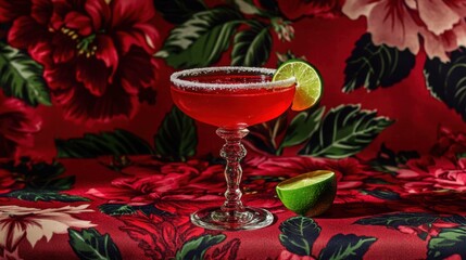 A bright red hibiscus mocktail in a stemmed glass, with a sugared rim and a lime twist, placed on a floral-patterned tablecloth.