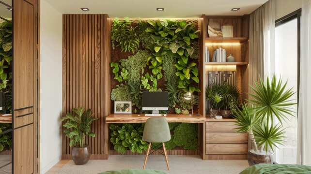 A nature-inspired home office with a vertical garden backdrop, creating a serene and productive workspace.