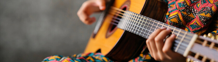 Fototapeta premium person playing wooden guitar, showcasing intricate hand movements and vibrant clothing patterns, creating lively atmosphere