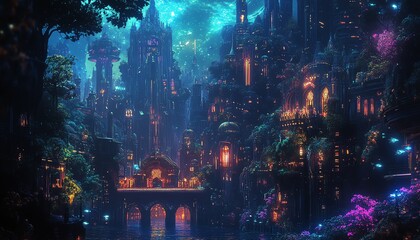 Fototapeta premium Side view of a lush fantasy world, merging with futuristic cityscapes, glowing bioluminescent plants, innovative lighting techniques