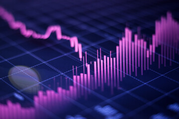 Naklejka premium Abstract image of pink and purple financial chart, showing stock market data, representing growth, investment, and economic trends, suitable for business or finance presentations