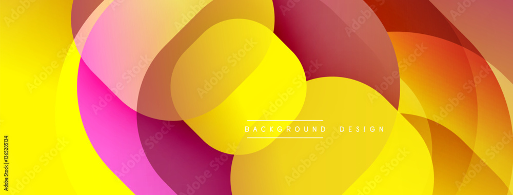 Poster Circular abstract design with overlapping translucent circles and round shapes, blending gradients and smooth curves, creating depth, contrast, and a dynamic visual effect