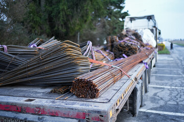 Steel reinforcement bars on the truck