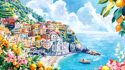 Stunning Watercolor Amalfi Coast Scene