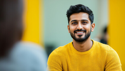 Obraz premium smiling young man in bright yellow sweater engages in friendly conversation, radiating warmth and positivity in modern setting