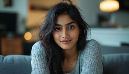 Portrait of a Young Woman with Long Black Hair, Soft Smile