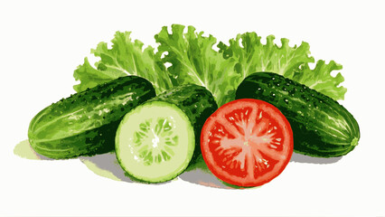 Thinly sliced ​​fresh cucumber, halved tomatoes, green lettuce leaves isolated watercolor vector illustratio