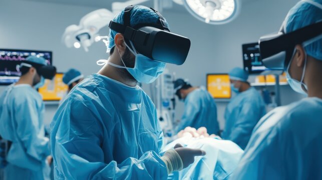 An AI powered virtual reality medical training center, surgeons practicing complex procedures in a hyper-realistic simulation, EdTech style
