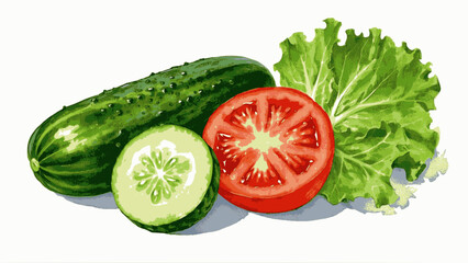 Thinly sliced ​​fresh cucumber, halved tomatoes, green lettuce leaves isolated watercolor vector illustratio