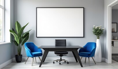 Modern office interior boasts calming blue accents and a sleek minimalist aesthetic subtly illuminated by natural light. AI Generated