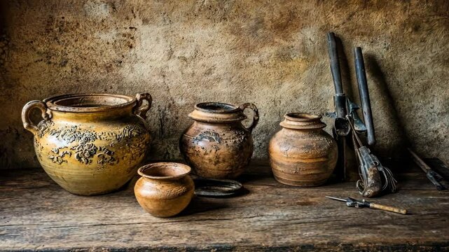 Historic pottery collection displayed on wooden table with old firearms in rustic setting