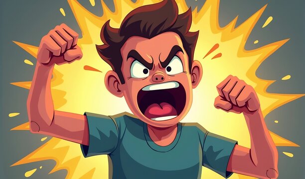 Angry young man yelling furiously vibrant yellow light explodes behind him dynamic cartoon illustration. AI Generated