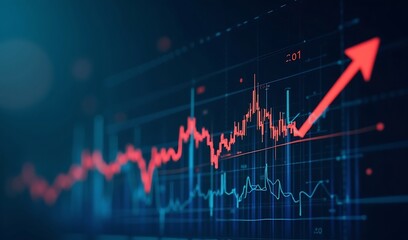 Red arrow powerfully ascends through dynamic blue data chart showcasing market growth potential. AI Generated