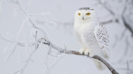 Snowy owl perched on frosty branch in winter landscape.