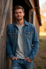 A guy wearing a denim jacket and jeans, leaning against a wooden wall