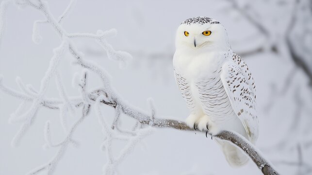 Snowy owl perched on frosty branch in winter landscape.