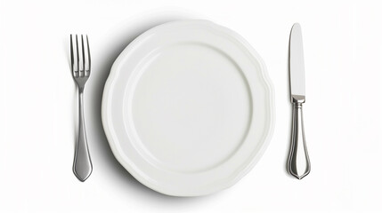 A white plate with a fork and knife on it. The plate is empty and the utensils are clean