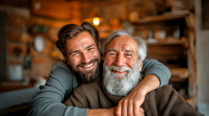 Obraz premium A heartfelt moment of a man hugging his gray-haired father, symbolizing love, family bond, and generational connection, perfect for themes of affection and family relationships