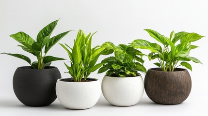 Four potted plants in various shapes and sizes, arranged in a row against a white background.