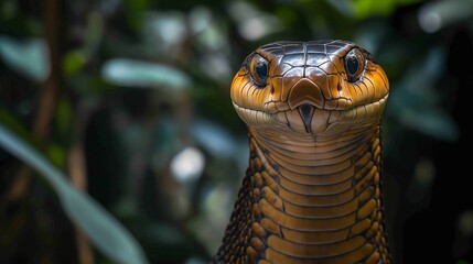 Fototapeta premium King cobra staring in dense jungle foliage.