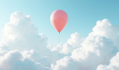 Obraz premium Pink balloon floats gently above fluffy white clouds bathed in soft sunlight a serene peaceful scene. AI Generated