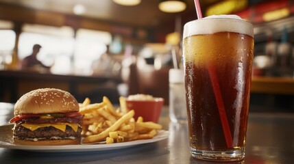 A cold glass of root beer with a foamy top, served with a straw, next to a plate of burgers and fries in a diner setting.