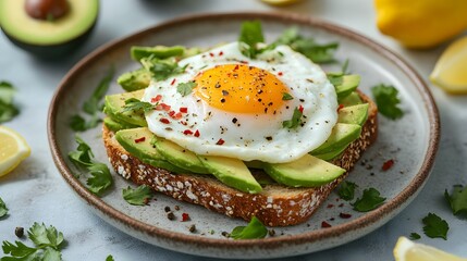 Gourmet breakfast showcases poached egg on avocado toast with golden yolk, fresh herbs, and lemon wedges. Rustic ceramic plate holds creamy avocado slices arranged artistically, in natural light.  