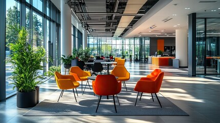 Empty Modern Office Room with Big Windows and Cityscape View under Blue Sky at Daytime --