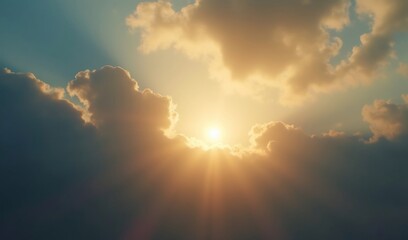 Golden sun rays pierce dramatic cloudscape at sunset creating warm peaceful ambiance. AI Generated
