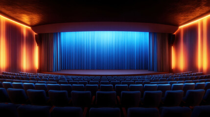 Fototapeta premium vibrant theater interior featuring closed curtain in shades of blue and orange, creating dramatic atmosphere. empty seats add to anticipation of performance