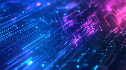 Abstract Circuit Board Design with Glowing Blue and Pink Neon Lights