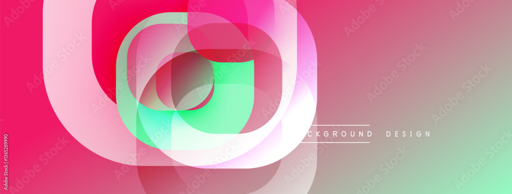 Poster Circular abstract design with overlapping translucent circles and round shapes, blending gradients and smooth curves, creating depth, contrast, and a dynamic visual effect