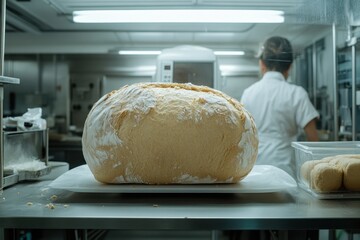 Large bread dough resting in a commercial kitchen with a baker in the background