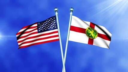 USA and Alderney Flag Waving On Pole Seamless Loop. Flag Of The USA and Alderney