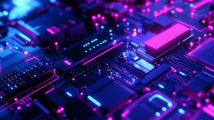 Obraz premium Detailed Circuit Board with Glowing Neon Lights Illustrating Technology Concept