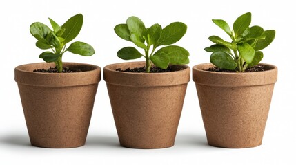 Three small plants in brown pots.