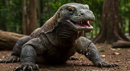 Obraz premium Komodo Dragon Close-up: Intricate Scales and Dripping Saliva in Natural Habitat
