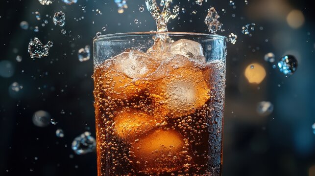 A fun and playful soda fountain machine dispensing a fizzy drink into a glass, with bubbles and ice overflowing.